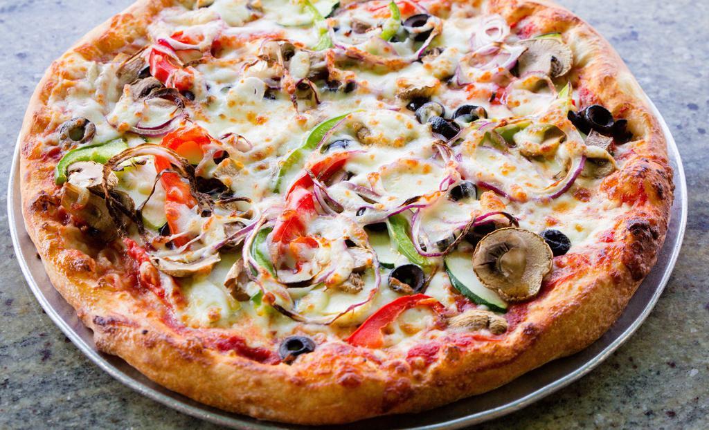 Vegetarian · Mushrooms, black olives, zucchini, bell peppers, onions, extra cheese, and tomato sauce.