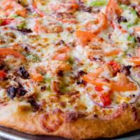 Goat Cheese · Bacon, red onions, sun-dried tomatoes, sweet peppers, sliced tomatoes, goat cheese, roasted ...