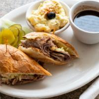 Tri-Tip Dip · Tri-tip sliced thin, with jack cheese grilled on French roll with au jus for dipping.