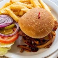 Bbq Burger · Bacon, cheddar, BBQ sauce and onion tanglers