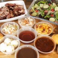 Family Pulled Pork Meal · 2 Lbs of tender, smoked pork shoulder, family style house salad w/balsamic vinaigrette, 4 in...