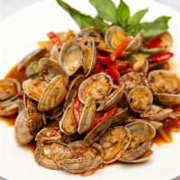 Clam Chili Paste · Delicious house chili paste stir fried with clam, bell pepper, onion, and basil.
