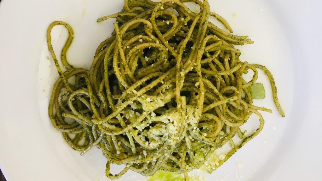 Pesto · Our homemade pesto prepared with , Fresh basil, pine nuts, parmigiano cheese all blended with EVOO