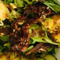 La Saporita Mixed · Mixed greens salad with avocado, pork cheek, fennel, cucumber, walnuts, served with Italian ...