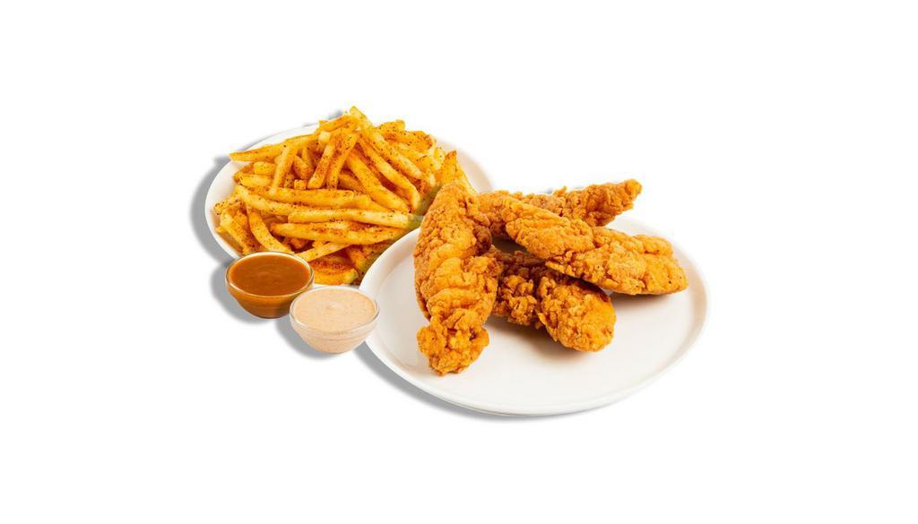 The Rebound · 4 of our jumbo, hand-breaded, crispy, all white meat chicken tenders, paired with your choice of fries and two of our 7 signature sauces.