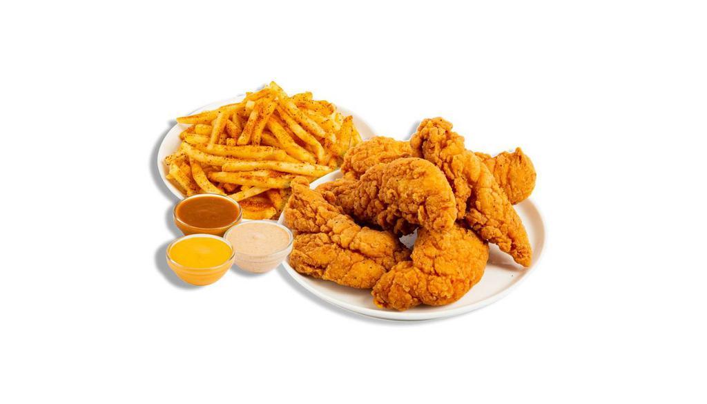 The Hail Mary · 5 of our jumbo, hand-breaded, crispy, all white meat chicken tenders, paired with your choice of fries and three of our 7 signature sauces.