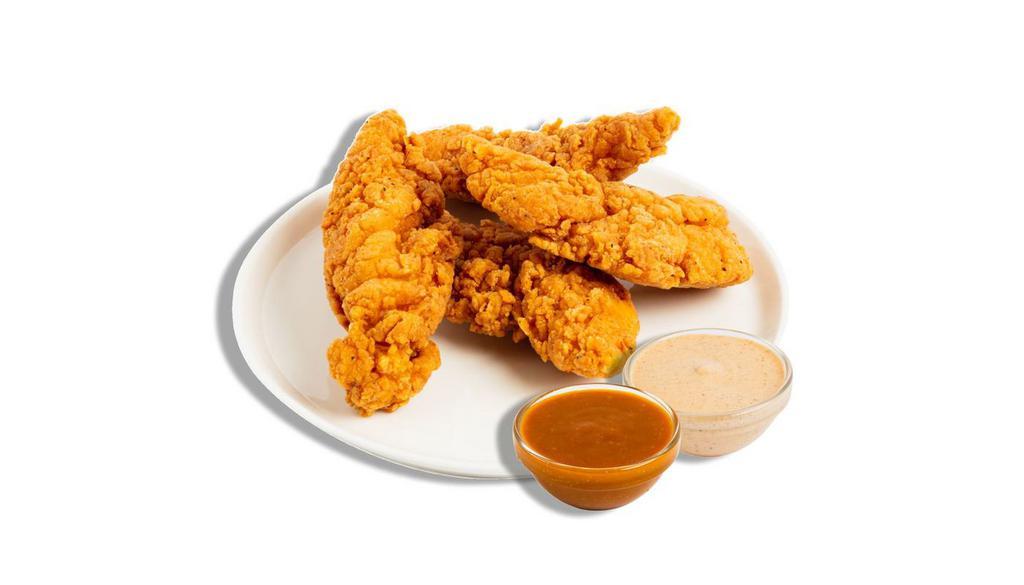 4 Pc Snapback Tendies · 4 of our jumbo, hand-breaded, crispy, all white meat chicken tenders, served with your choice of two of our 7 signature sauces.