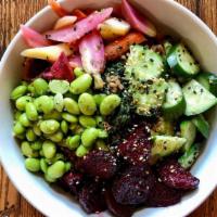 Grain Bowl · Farro, Grilled Broccolini, Roasted Beets, Pickled Veg, Edamame, Smoked Soy Vinaigrette