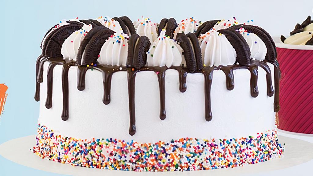 Froyo  Cookies N Cream Cake  · Send a Surprise Cake. 8' Round Cake Serves 10-12.   Cookies n Cream and Vanilla. Ready to go cakes made call 559-412-2444 ahead if you have other preference.