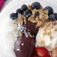 Acai Superfruit Bowl  · Made with Sambazon Acai and  Vanilla Snow Yogurt.  Topped with choice of Granola, Strawberri...