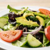 California Salad · mixed greens, avocado, red onions, crisp cucumbers, tomatoes, and black olives 
Dressing cho...