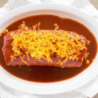 Jumbo Wet Burrito Plate · Huge burrito covered in cheddar cheese and served with rice and beans.