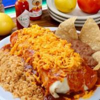Jumbo Wet Burrito Plate · Carne asada burrito covered in cheddar cheese and served with rice and beans.
