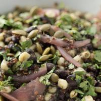 Quinoa Corn Black Bean Salad · Quinoa, corn, black beans, cilantro, pepitas, pickled onions, tossed in our poblano dressing...