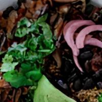 Vegan Breakfast Bowl · (Gluten Free, Dairy Free) quinoa, black beans, sauteed portobello, shiitake and oyster mushr...