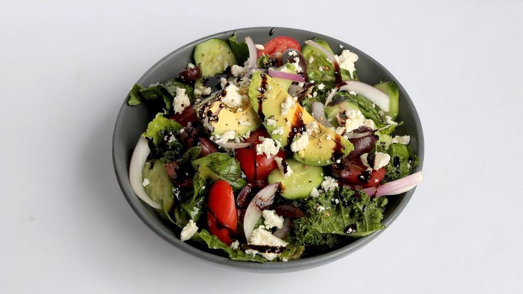 Mediterranean Salad · romaine kale mix, cucumber, cherry tomato, kalamata olive, red onion, feta, avocado, balsamic vinaigrette