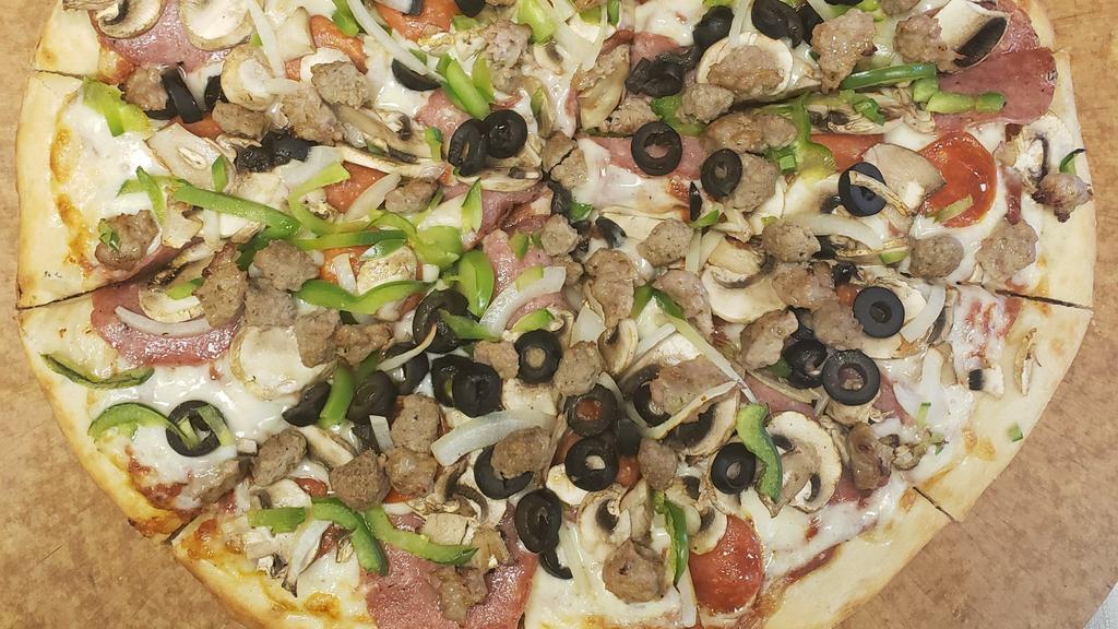 The Rolling Stone · Pizza Sauce, Pepperoni, Salami, Sausage, Beef, Mushrooms, Black Olives, Yellow Onions, Green Peppers.