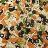 Vegetarian · Pizza Sauce, Mushrooms, Tomato, Black Olives, Green Peppers, and Yellow Onions.