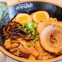 Tonkotsu Ramen · Pork cha-su, bamboo, wood ear mushrooms, soft boiled egg, green onion, and nori (seaweed).(t...