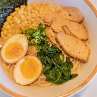 Shio Ramen · Chicken breast, spinach, hand cut sweet corn, soft boiled egg, green onion, and nori (seawee...