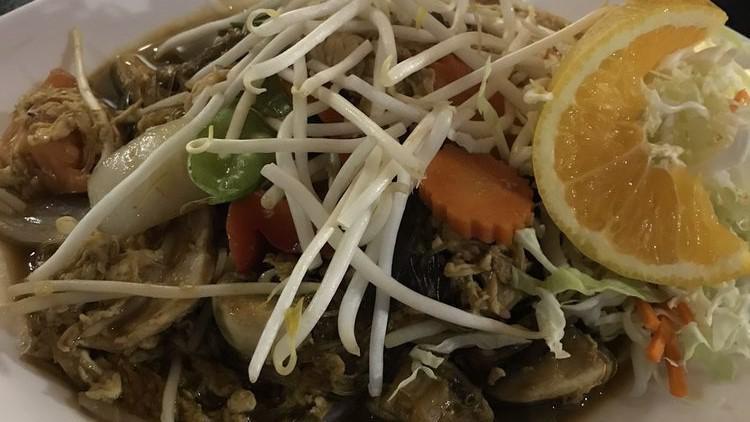 Silver Noodles · Pan-fried bean thread noodles with egg, onion, snow peas, white mushrooms, bean sprouts, and special sauce.