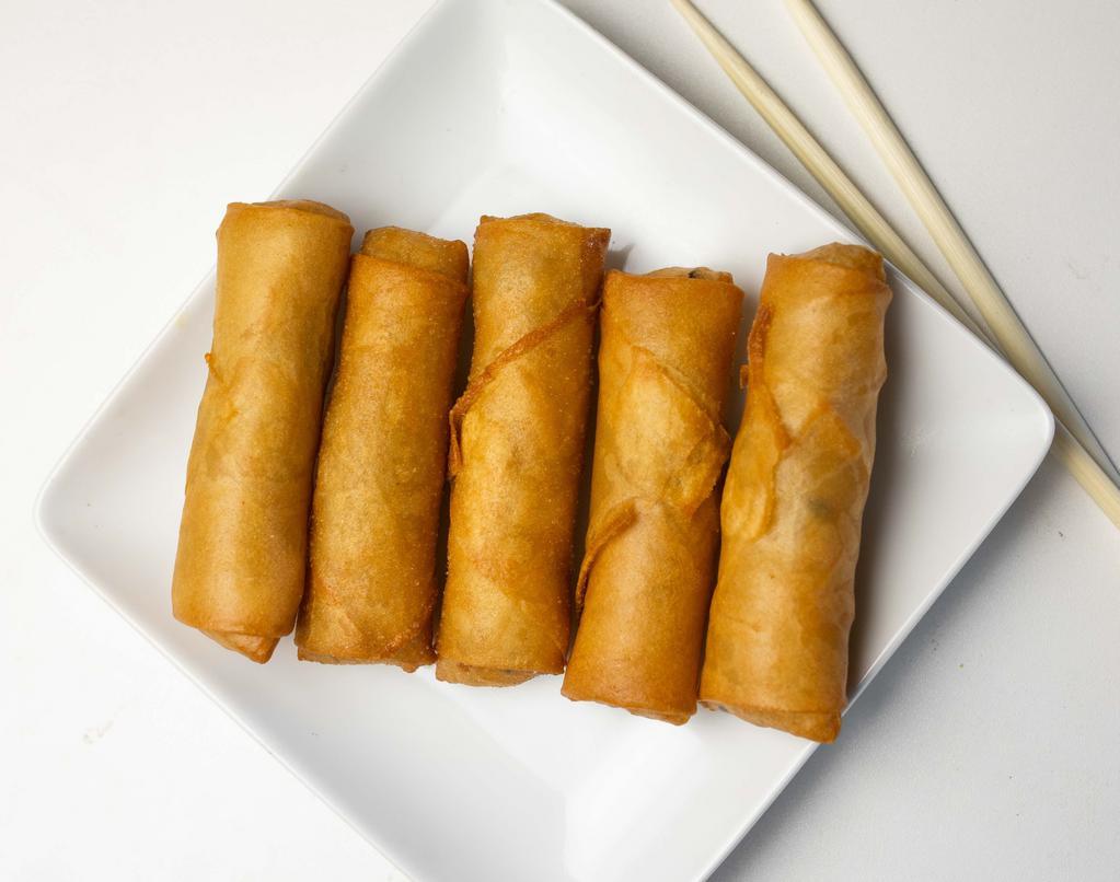 Egg Rolls · Five pieces. Fried egg rolls mixed with pork, mushrooms, green onions, bean thread noodles, and spices, served with sweet fish sauce.