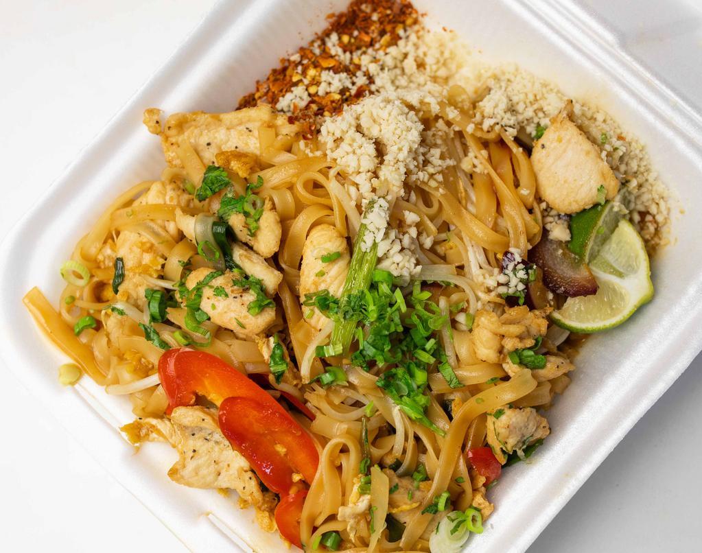 Pad Thai · Spicy. Eggs, red bell peppers, onions, bean sprouts, stir-fried with rice noodles in a rich tamarind sauce. Topped off with crushed peanuts, crushed red pepper, lime, and cilantro and green onions.