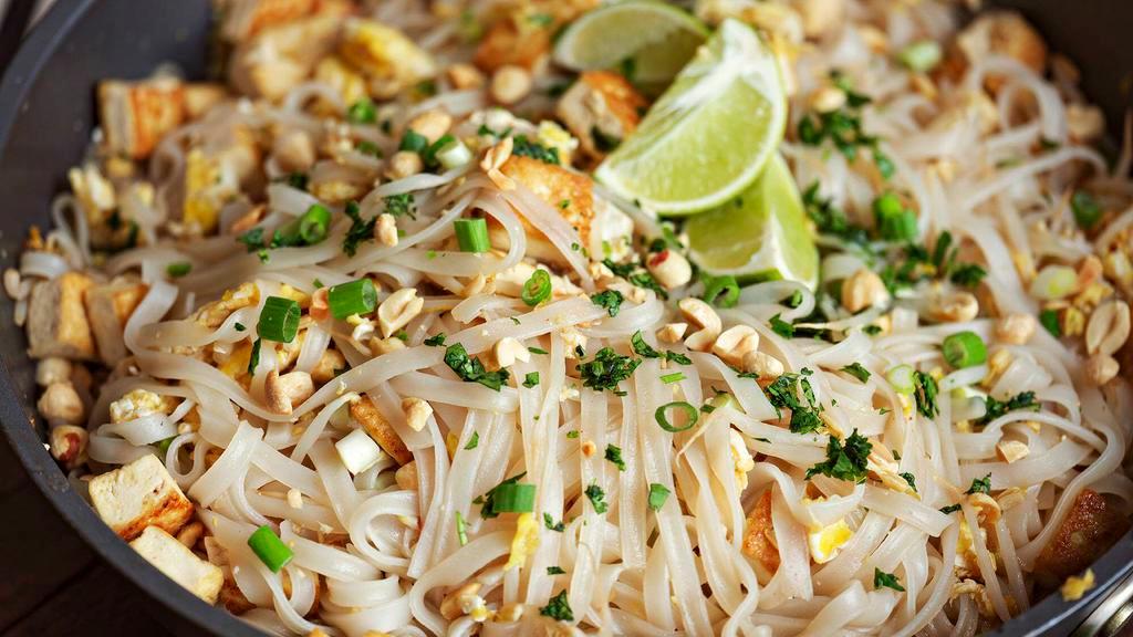 Pad Thai · Gluten free available. Rice noodles, egg, tofu, scallions, bean sprouts and crushed peanuts / tamarind sauce.