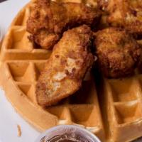 Chicken & Waffles · 4 pcs of wings or tenders, butter, syrup.