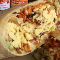 Boardwalk Burrito · Scrambled eggs, crispy hash browns, bacon, avocado, white cheddar.
