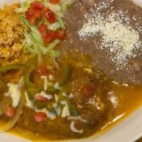 Chile Relleno · Poblano chile filled with Jack cheese, breaded and fried topped with homemade sauce. Comes w...