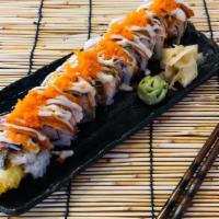 Tiger Roll · Shrimp tempura, crab mix, unagi, shredded kani, avocado, masago, unagi sauce and white sauce.