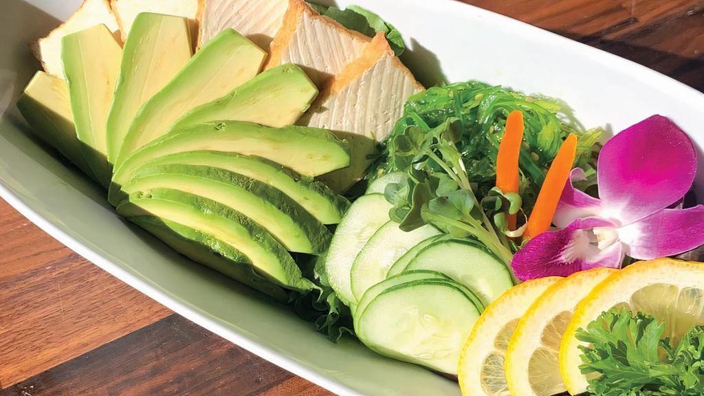 Avocado Tofu Salad · Fresh Avocado & Organic Tofu Served on Bed of Greens with Japanese Dressing