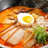 Kara Miso Ramen · Pork Broth: Pork Chashu, Bean Sprout, Bamboo Shoot, Kikurage Mushroom, Corn, Seasoned Egg, G...