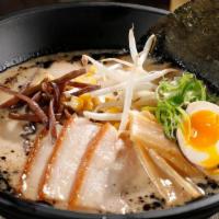 Kuro Mayu Ramen · Pork Broth: Pork Chashu, Bean Sprout, Bamboo Shoot, Kikurage Mushroom, Corn, Seasoned Egg, G...