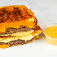 Roast Beef & Three Cheese Melt · Roast Beef, Cheddar, Swiss, and Parmesan cheeses melted between buttery, toasted sourdough b...