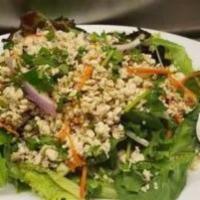 Spicy Thai Salad · Romaine, tomatoes, red onion, rice powder, cilantro, lemongrass, carrots, choice of shrimp, ...