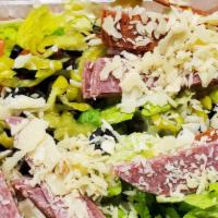 Antipasto Salad · Romaine lettuce, salami, pepperoni, red onions, black olives, pepperoncini, tomatoes, topped...