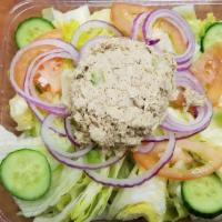 Albacore Tuna Salad · Most popular. Albacore tuna, iceberg and romaine lettuce, tomatoes, cucumbers, and red onions.
