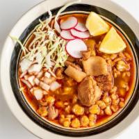 Pozole Rojo De Puerco (32Oz) · Red pork pozole with hominy (soup) served with cabbage, radish, onion, lemon and spicy salsa...