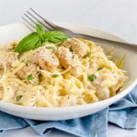 Chicken Fettuccine Alfredo · Fettuccine pasta with chicken and a creamy alfredo sauce.