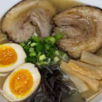 Shoyu Ramen · Chicken broth infused with soy sauce topped with chashu, seasoned egg, bamboo, wood ear mush...
