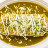 Wet Burrito · Choice of meat rice beans onions cilantro salsa chile-verde sauce sour cream and cheese.