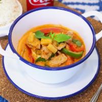 Pineapple Curry · Medium spicy by default. Savory and spicy red curry paste with tomato, pineapple, bell peppe...