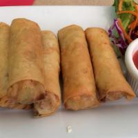 Fried Spring Rolls (Chicken Or Vegetarian) · Chicken or vegetables mixed with cabbage, carrot and glass noodles, served with sweet and so...