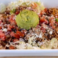 Bowl · Choice of filling, choice of salsa, organic Spanish rice, organic beans, lettuce, onions and...