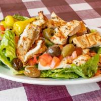 Grilled Chicken Salad · Grilled chicken with provolone cheese, tomatoes, olives, and pepperoncini tossed in our hous...
