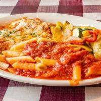 Chicken Parmigiana · Chicken breast sautéed in white wine and olive oil topped with melted mozzarella, served wit...