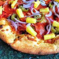 Gluten-Free Hot & Sweet Pepperoni Pizza · Mozzarella cheese, pizza sauce, pepperoni, jalapeño, onion, pineapple.