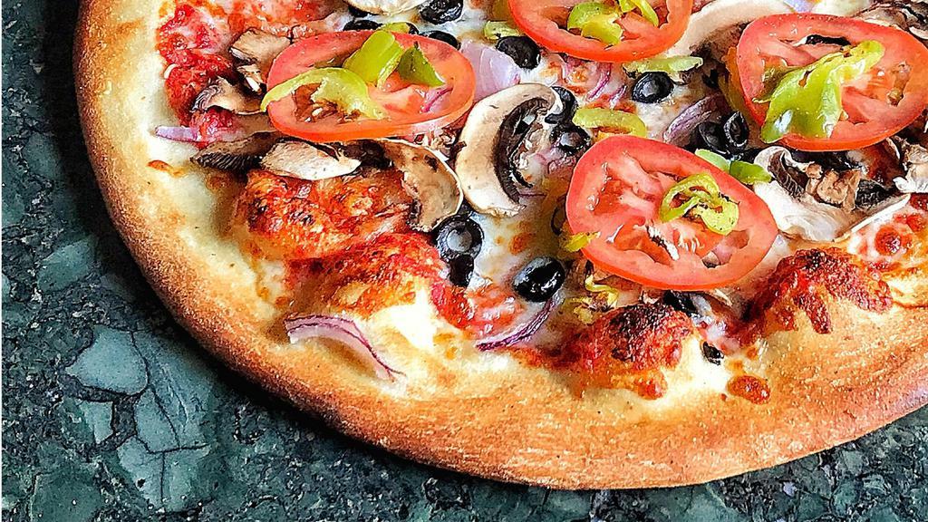 Gluten-Free Vegetarian Pizza · Mozzarella cheese, pizza sauce, mushrooms, onions, tomato, bell pepper.